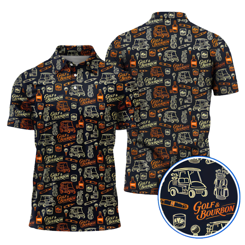 Golf And Bourbon Pattern Mne's Golf Polo Shirt Black Orange, Bourbon Golf Shirts GZ0261