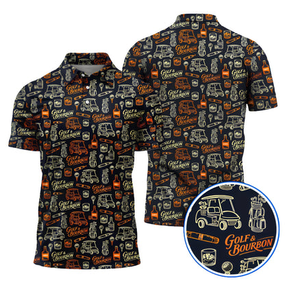 Golf And Bourbon Pattern Mne's Golf Polo Shirt Black Orange, Bourbon Golf Shirts GZ0261