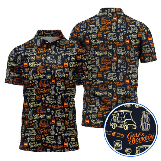 Golf And Bourbon Pattern Mne's Golf Polo Shirt Black Orange, Bourbon Golf Shirts GZ0261