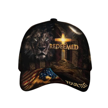 Custom Redeemed USA Flag Lion Cross Baseball Cap, Custom Christian Caps CP0108