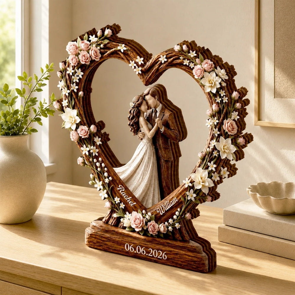 Custom Floral Heart Wedding Wooden Plaque, Custom Wedding Keepsake Wooden Block WD0803