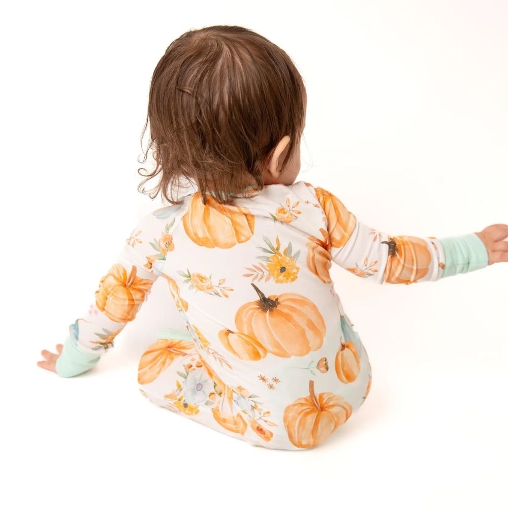 Pumpkin And Flowers Baby Convertible Zippy Romper, Pumpkin Baby Convertible Romper For Thanksgiving BB0352