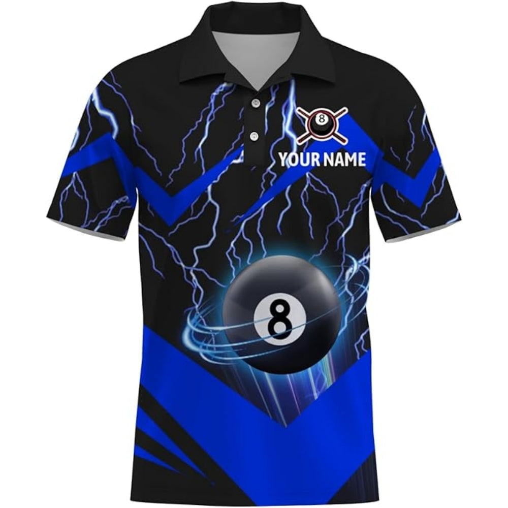 Custom Blue Lightning 8 Ball Billiard Men Polo Shirt, Custom 8 Ball Billiard Team Shirts BIZ0198