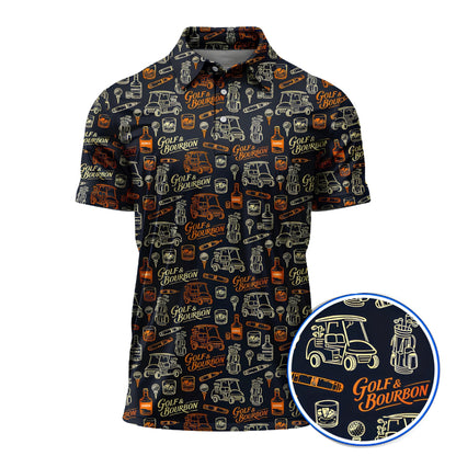 Golf And Bourbon Pattern Mne's Golf Polo Shirt Black Orange, Bourbon Golf Shirts GZ0261