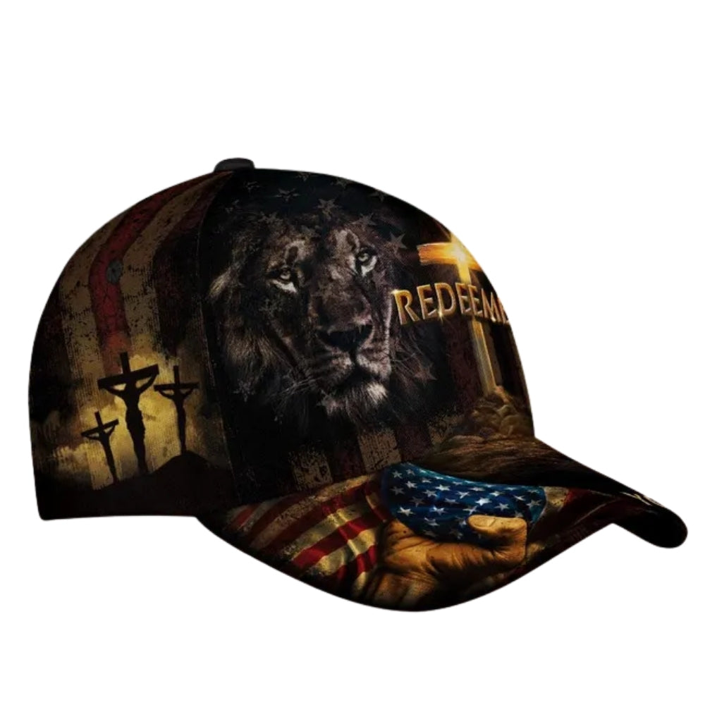 Custom Redeemed USA Flag Lion Cross Baseball Cap, Custom Christian Caps CP0108