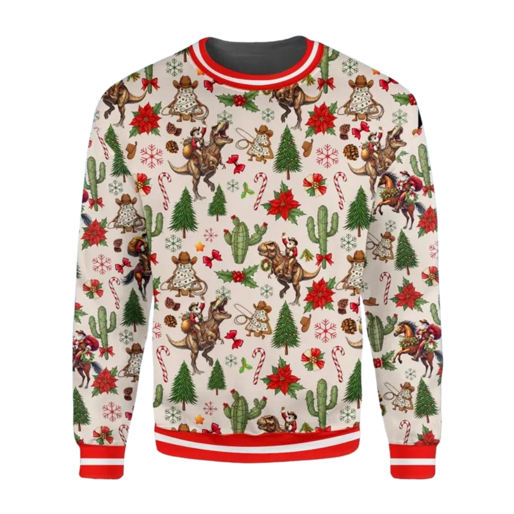 Santa Dinosaur Riding Christmas Sweatshirt For Men, Western Cowboy Xmas Sweatshirt 2D1088