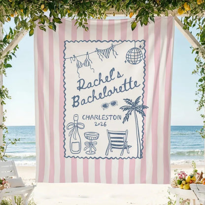 Personalized Beach Bachelorette Pink Striped Banner, Custom Beach Bachelorette Party Banner WD0418