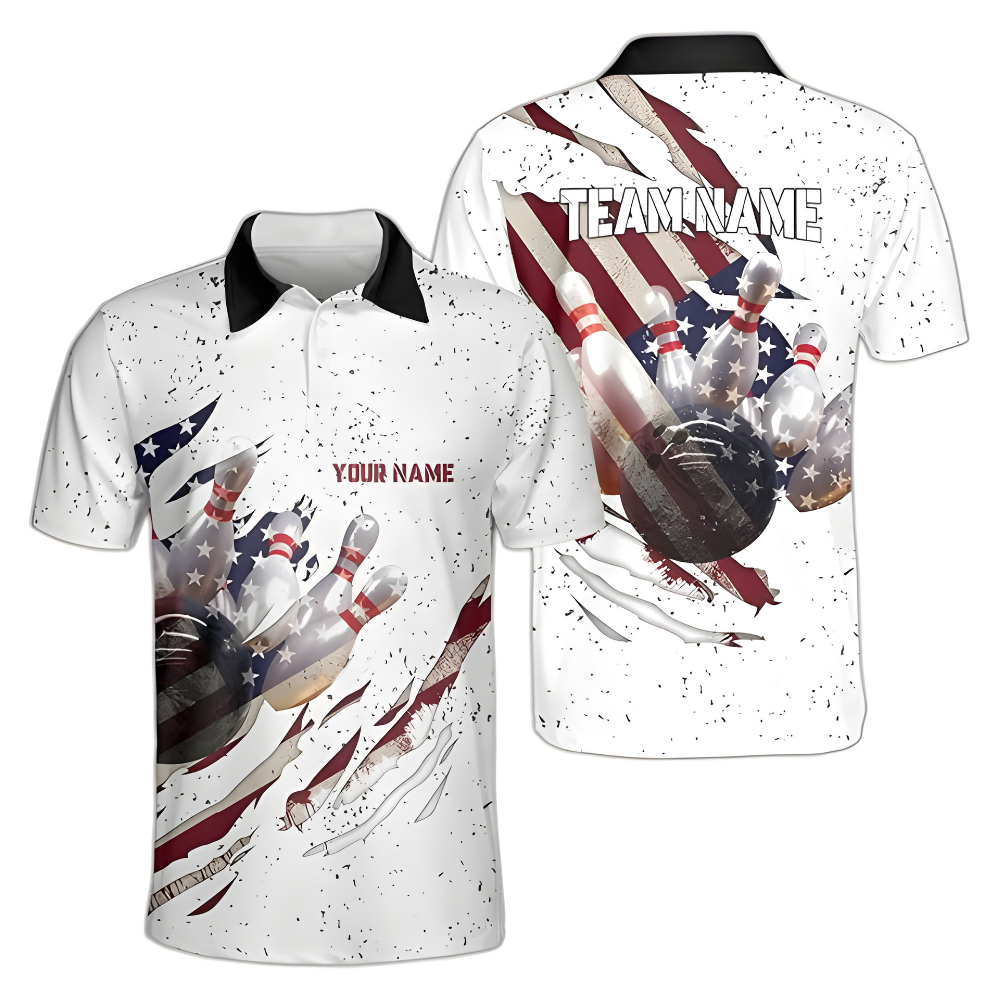 Custom White Grunge USA Flag Bowling Men Polo Shirt, Custom Team Patriotic Bowling Shirts BZ0340