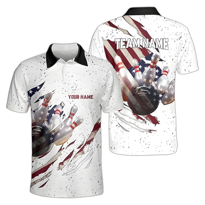 Custom White Grunge USA Flag Bowling Men Polo Shirt, Custom Team Patriotic Bowling Shirts BZ0340