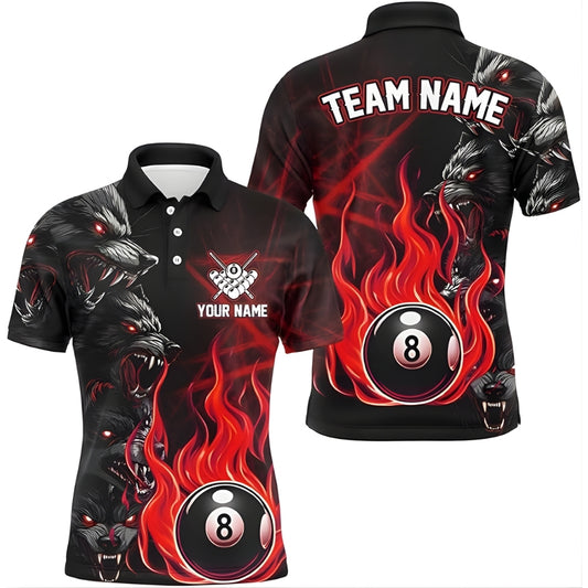 Custom Wolf Flame 8 Ball Billiard Polo Shirt Mens, Custom Wolf Pool Billiard Team Shirts BIZ0197