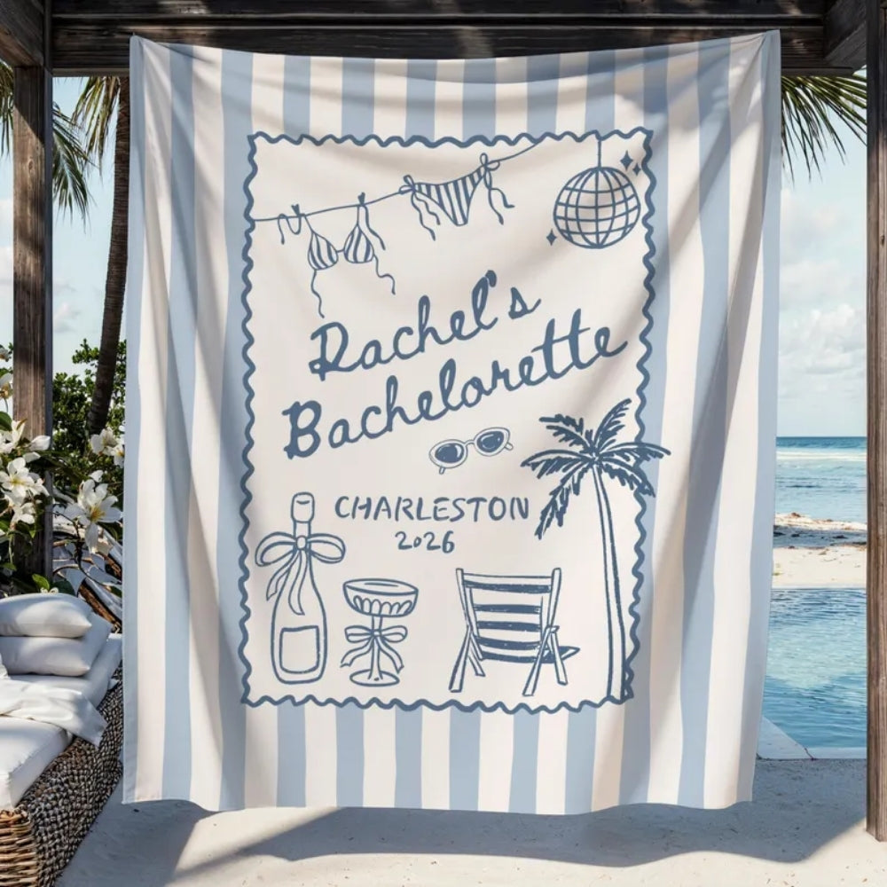 Personalized Beach Bachelorette Pink Striped Banner, Custom Beach Bachelorette Party Banner WD0418