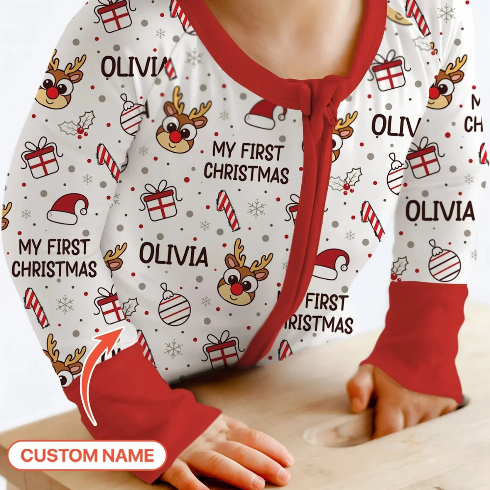 My First Christmas Custom Name Baby Convertible Zippy Romper, Custom Christmas Converitble Baby Romper BB0724