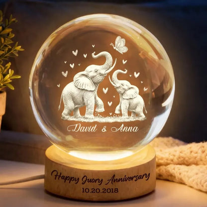 Personalized Elephant Couple Crystal Ball Led Night Light, Custom 14th Wedding Anniversary Night Light WD0940