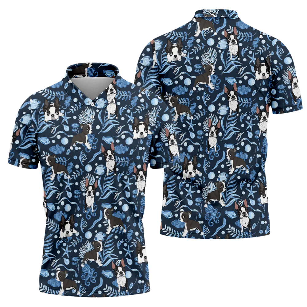 Boston Terrier Dog Tropical Golf Polo Shirt For Mens Blue, Boston Terrier Golf Shirts GZ0302