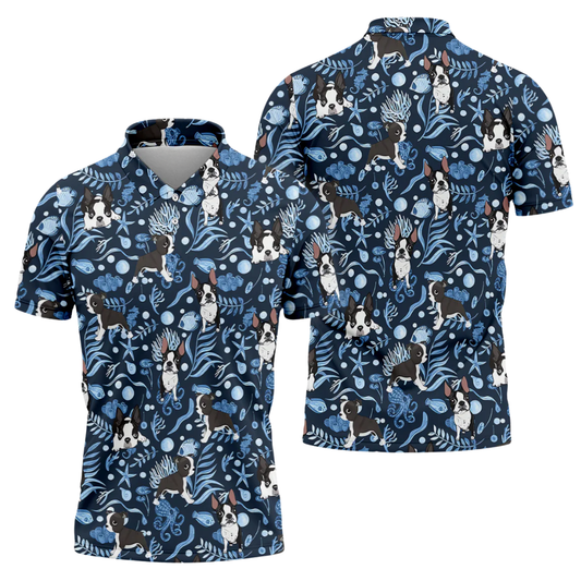 Boston Terrier Dog Tropical Golf Polo Shirt For Mens Blue, Boston Terrier Golf Shirts GZ0302