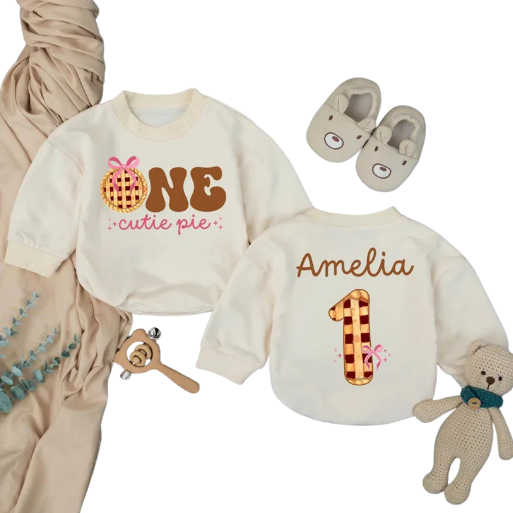 Personalized One Cutie Pie Birthday Baby Romper Sweater, Custom Cute Pie 1st Birthday Baby Romper Sweatshirt BB0261