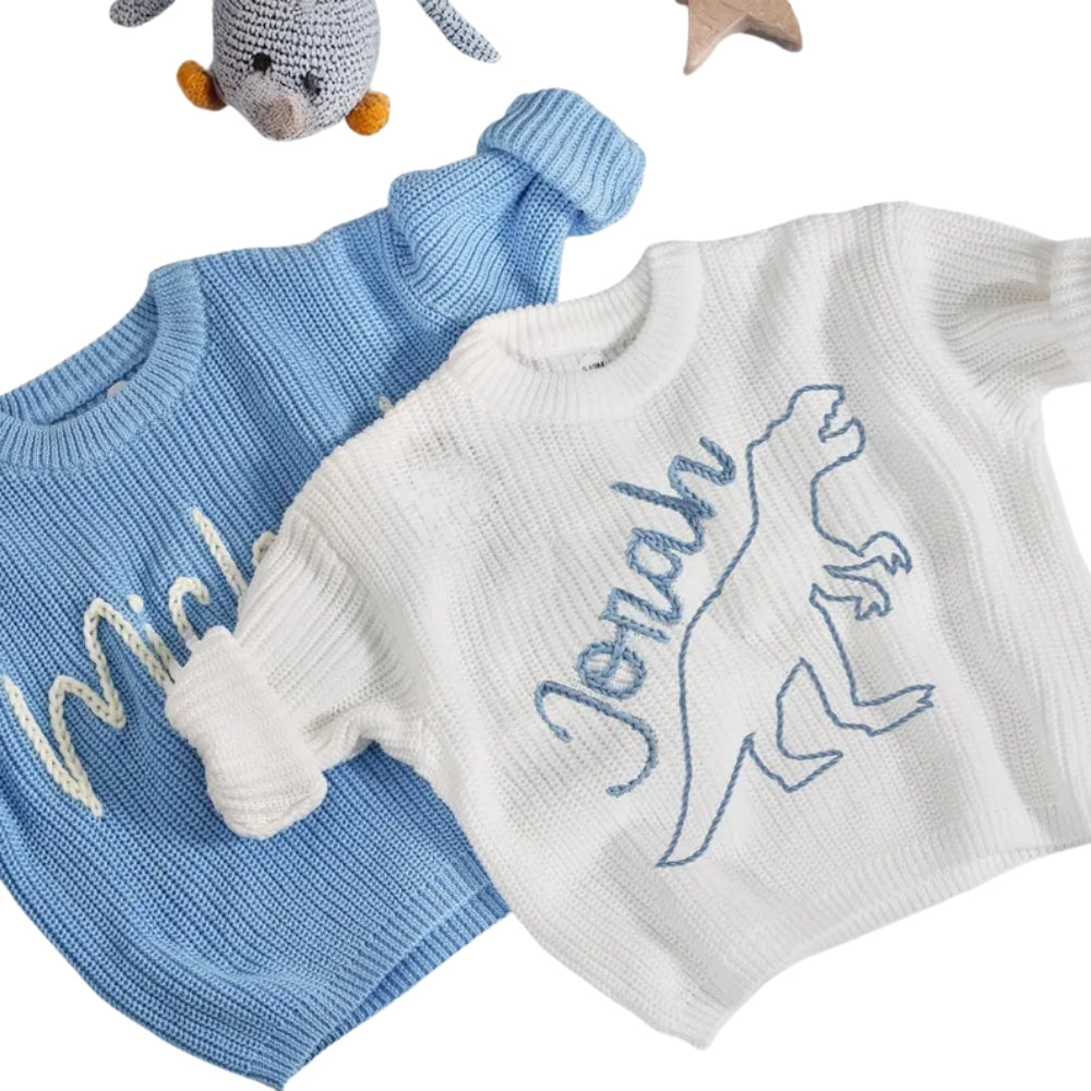 Personalized Dinosaur Baby Embroidered Knit Sweater, Custom Dinosaur Lover Baby Sweatshirt BB0777