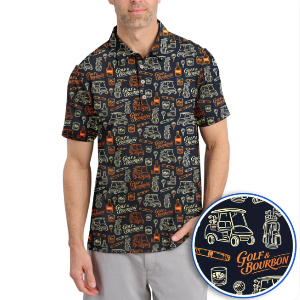 Golf And Bourbon Pattern Mne's Golf Polo Shirt Black Orange, Bourbon Golf Shirts GZ0261