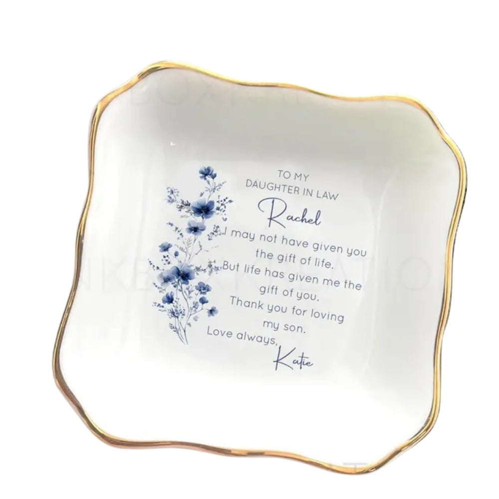 To My Daughter In Law Personalized Flower Ring Dish, Personalized Wedding Jewelry Dish For Daughter In Law WD0157