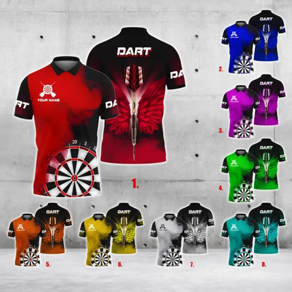 Custom Black And Red Smoke Wings Darts Polo Shirt Mens, Custom Team Darts Shirts DE0036