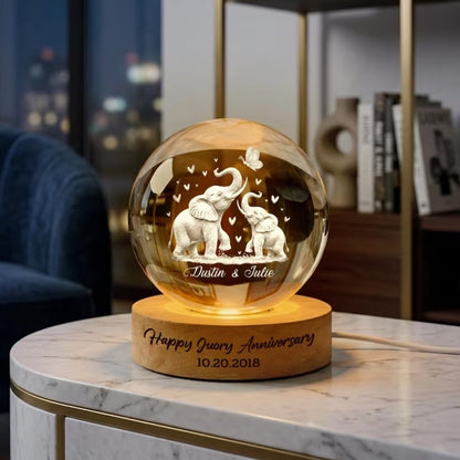 Personalized Elephant Couple Crystal Ball Led Night Light, Custom 14th Wedding Anniversary Night Light WD0940