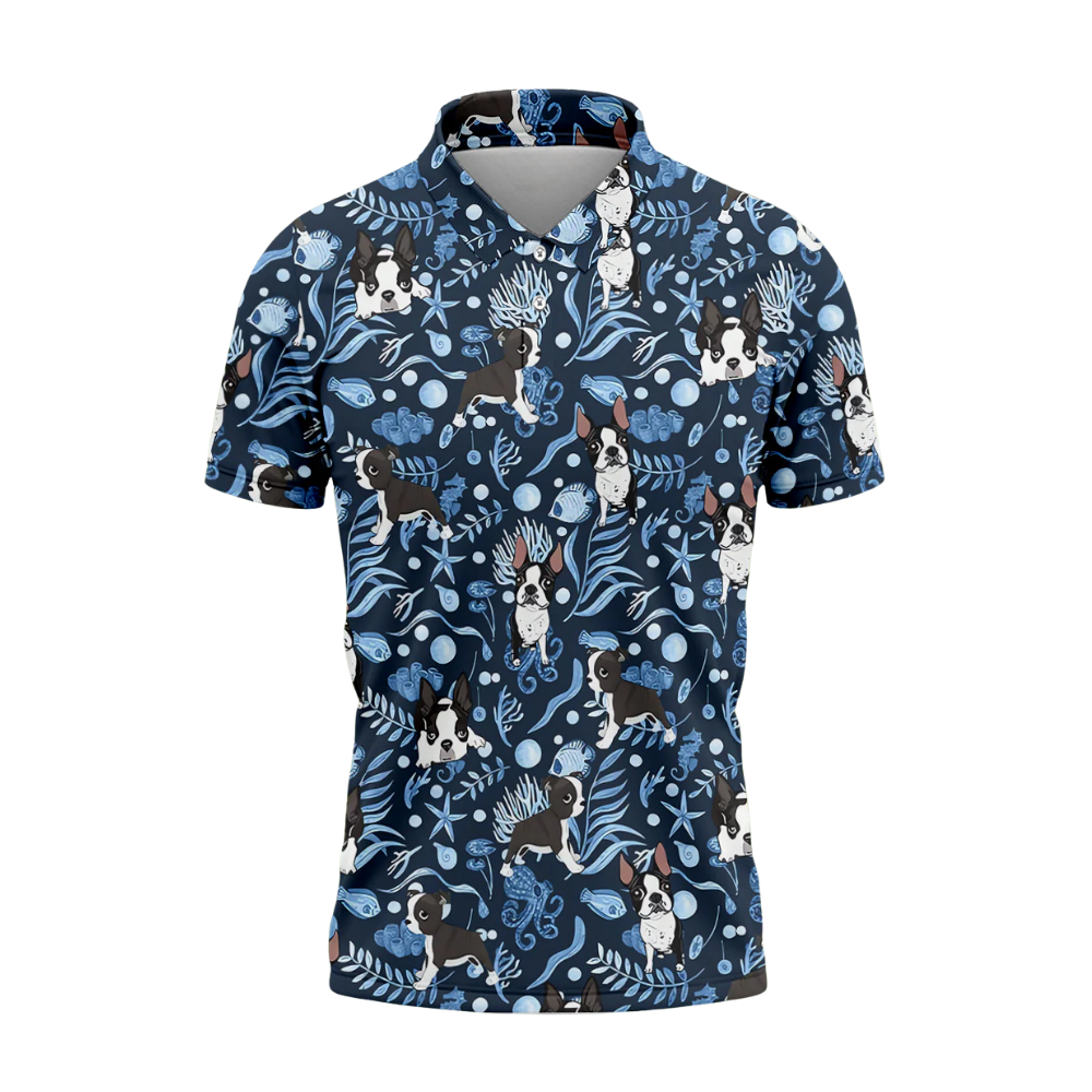 Boston Terrier Dog Tropical Golf Polo Shirt For Mens Blue, Boston Terrier Golf Shirts GZ0302