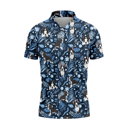 Boston Terrier Dog Tropical Golf Polo Shirt For Mens Blue, Boston Terrier Golf Shirts GZ0302