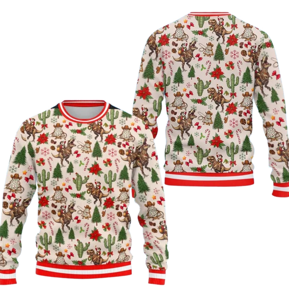Santa Dinosaur Riding Christmas Sweatshirt For Men, Western Cowboy Xmas Sweatshirt 2D1088