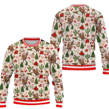 Santa Dinosaur Riding Christmas Sweatshirt For Men, Western Cowboy Xmas Sweatshirt 2D1088