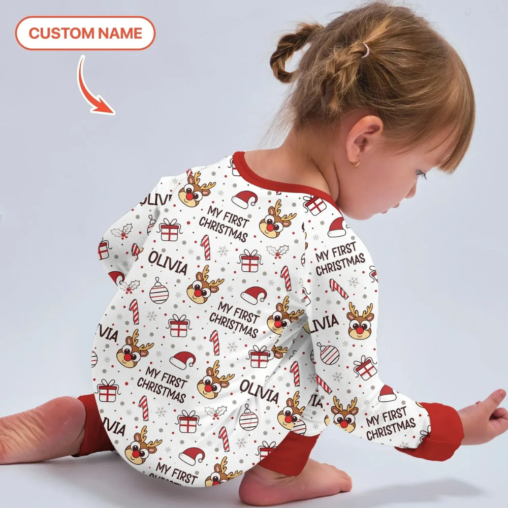 My First Christmas Custom Name Baby Convertible Zippy Romper, Custom Christmas Converitble Baby Romper BB0724