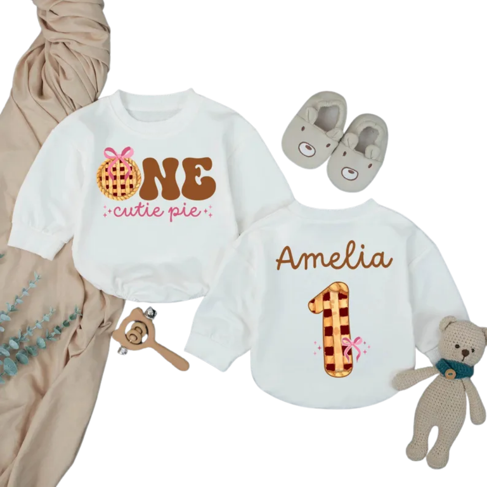 Personalized One Cutie Pie Birthday Baby Romper Sweater, Custom Cute Pie 1st Birthday Baby Romper Sweatshirt BB0261