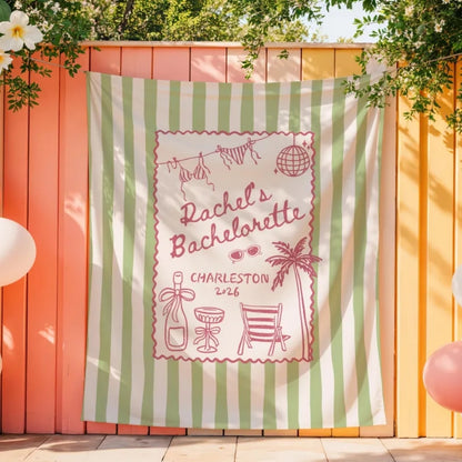 Personalized Beach Bachelorette Pink Striped Banner, Custom Beach Bachelorette Party Banner WD0418