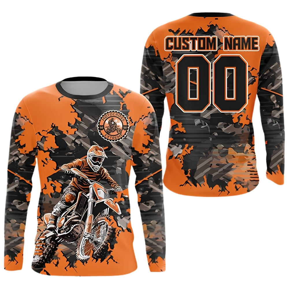 Custom Camouflage Orange Motocross Long Sleeve Jersey For Men, Custom Camo Racing Dirt Bike Shirts MZ0081