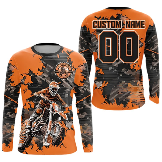 Custom Camouflage Orange Motocross Long Sleeve Jersey For Men, Custom Camo Racing Dirt Bike Shirts MZ0081