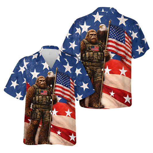 Bigfoot American Flag Hawaiian Shirt For Men, Patriotic Bigfoot Sasquatch Hawaiian Shirt For 4th Of July HE0230