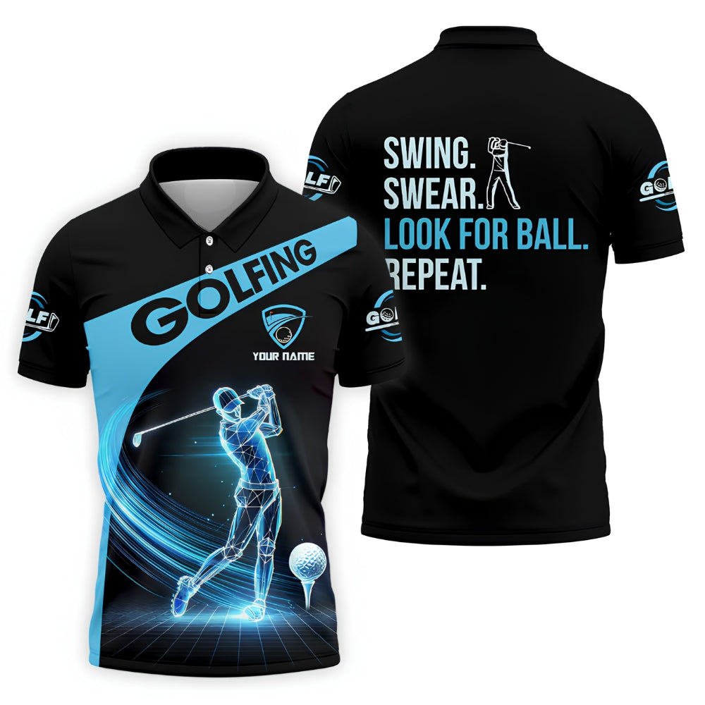 Swing Swear Look For Ball Repeat Custom Blue Black Golf Polo Shirt For Men, Custom Funny Golf Shirts GZ0263