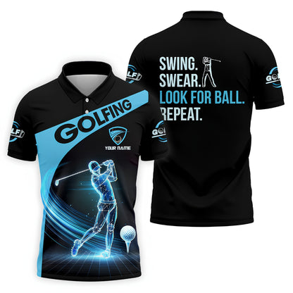Swing Swear Look For Ball Repeat Custom Blue Black Golf Polo Shirt For Men, Custom Funny Golf Shirts GZ0263