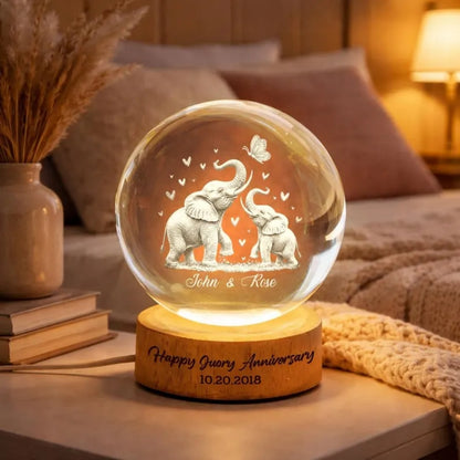 Personalized Elephant Couple Crystal Ball Led Night Light, Custom 14th Wedding Anniversary Night Light WD0940