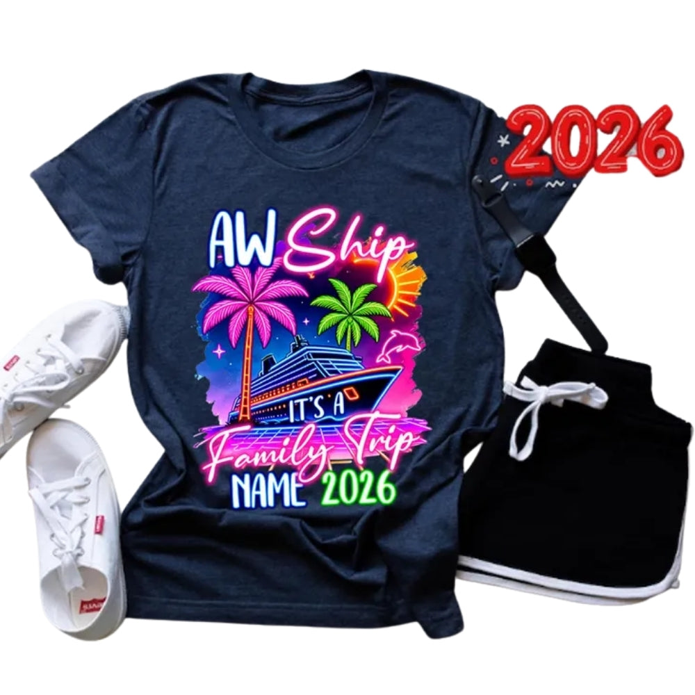 Custom Matching Aw Ship It's Family Trip Cruise Neon T Shirts, Custom Cruise Family Vacation Shirts ET0100