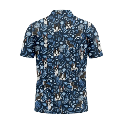 Boston Terrier Dog Tropical Golf Polo Shirt For Mens Blue, Boston Terrier Golf Shirts GZ0302