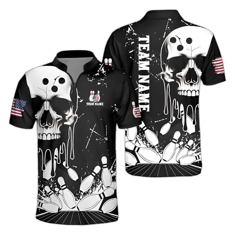 Custom Black And White Skull Bowling Men Jersey, Custom Skull Bowling Shirts For Team BZ0339