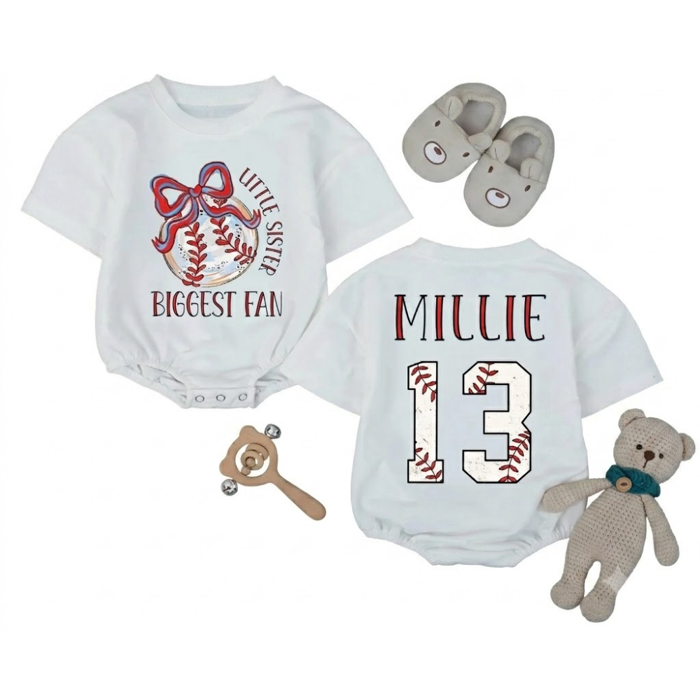 Little Sister Biggest Fan Custom Baseball Baby T Shirt Romper, Custom Baseball Baby Girl Romper BB0273