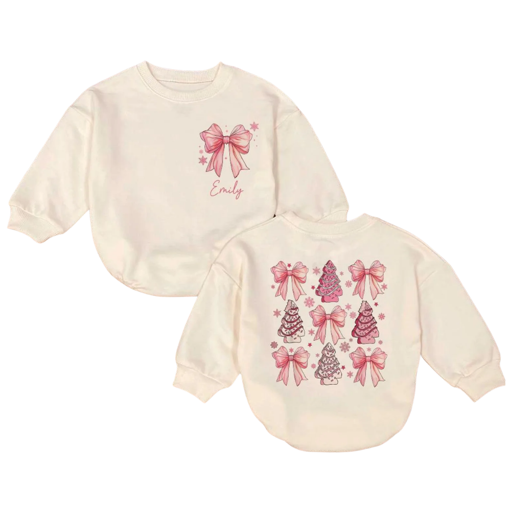 Personalised Pink Coquette Bow Christmas Baby Romper Sweatshirt, Custom Christmas Baby Romper Sweatshirt BB0018