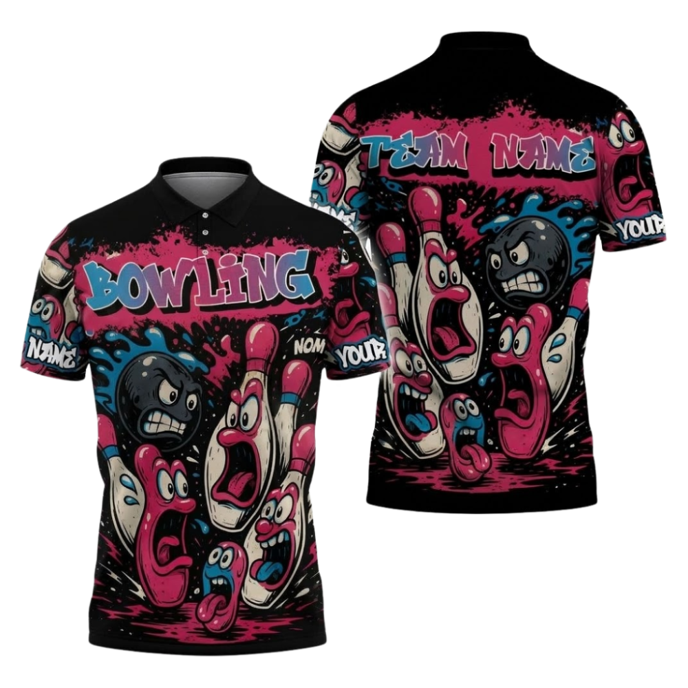 Custom Ball And Pins Funny Bowling Polo Shirt For Men, Black And Pink, Custom Team Funny Bowling Shirts BZ1110