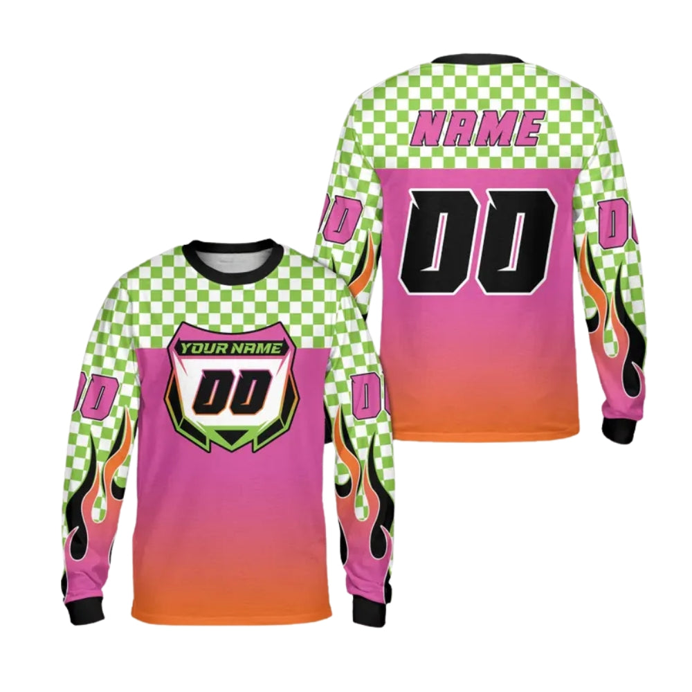 Custom Checkered Gradient Flame Long Sleeve Dirt Bike Jersey For Men, Custom Checkered Dirt Bike Shirts ME0023