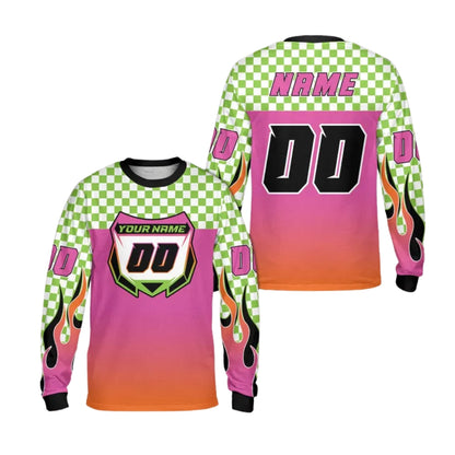 Custom Checkered Gradient Flame Long Sleeve Dirt Bike Jersey For Men, Custom Checkered Dirt Bike Shirts ME0023