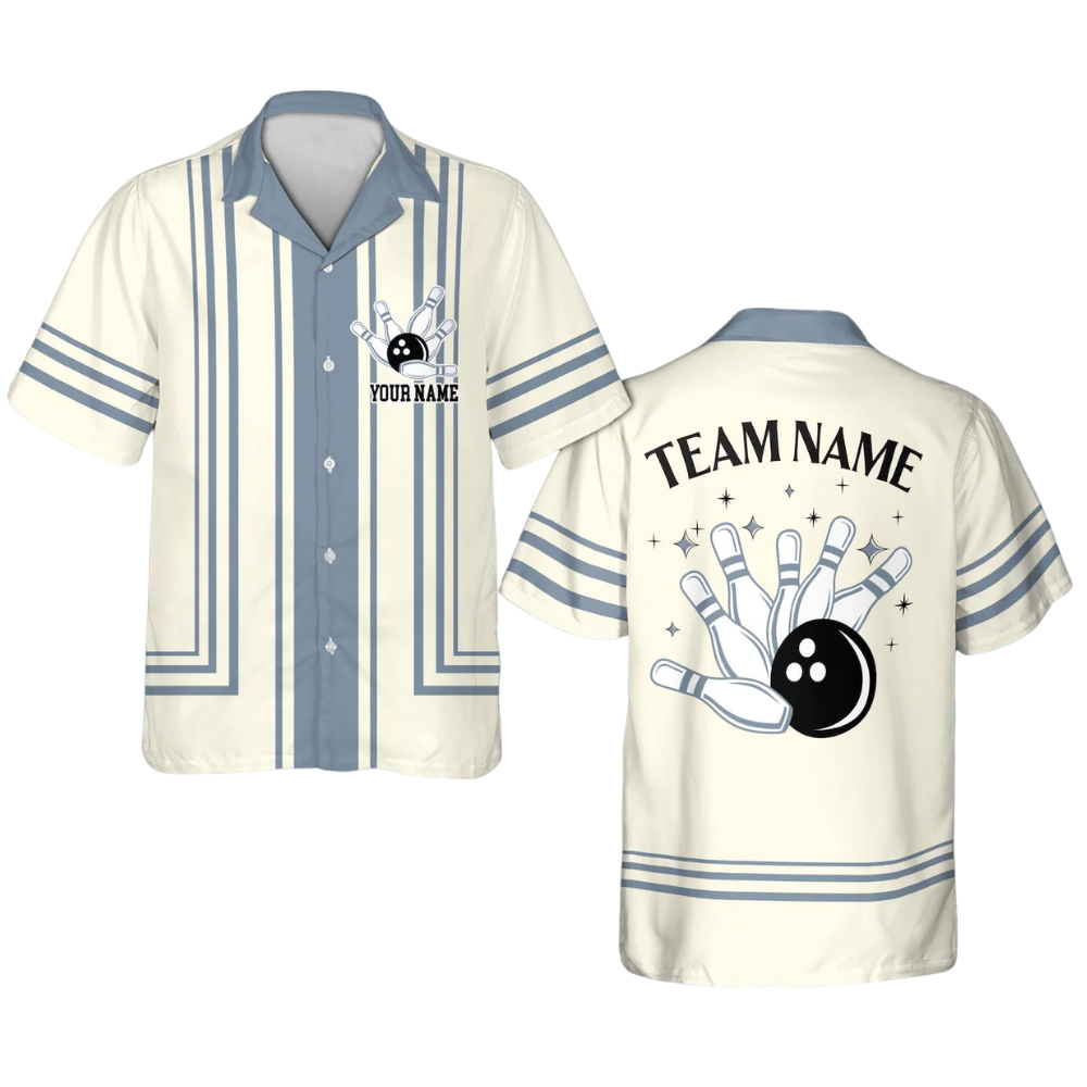Custom Retro Beige Blue Bowling Hawaiian Shirts For Men,Custom Retro Bowling Team Shirts BE0203