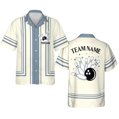 Custom Retro Beige Blue Bowling Hawaiian Shirts For Men,Custom Retro Bowling Team Shirts BE0203