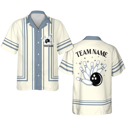 Custom Retro Beige Blue Bowling Hawaiian Shirts For Men,Custom Retro Bowling Team Shirts BE0203