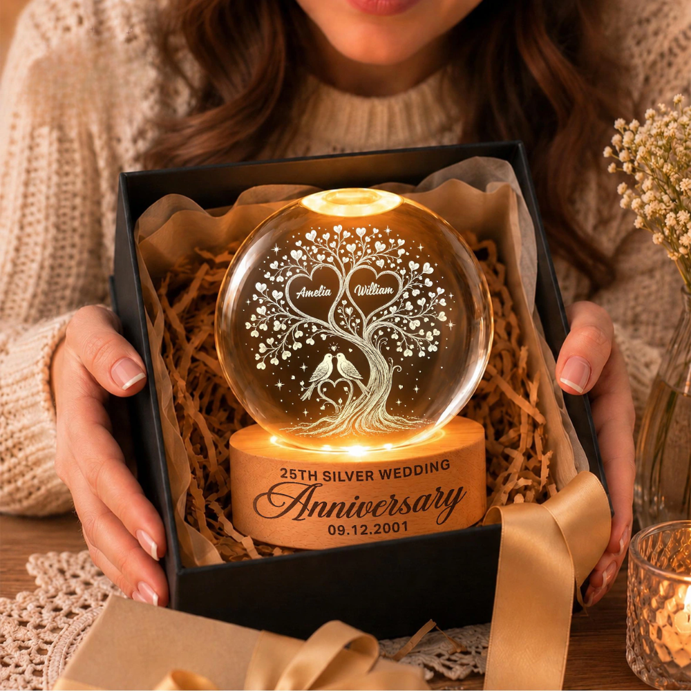 20th Wedding Anniversary Custom Tree Couple Crystal Ball Led Night Light, Custom Silver Anniversary Night Light WD0840